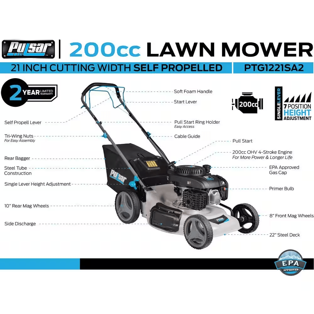 21 In. 200 Cc Gas Recoil Start, Walk behind Push Mower, Self-Propelled 3-In-1 with 7 Position Height Adjustment - YardForce Supply