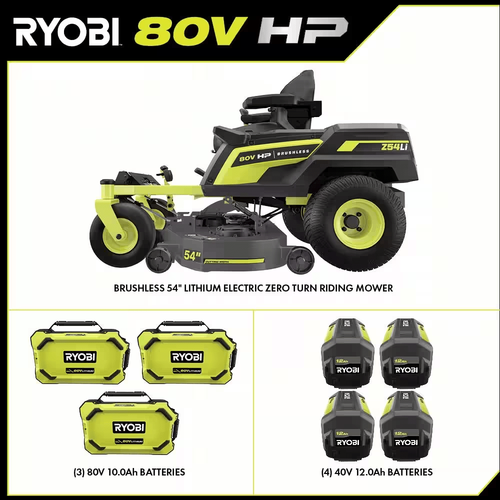 80V HP Brushless 54 In. Battery Electric Cordless Zero Turn Riding Mower (3) 80V Batteries (4) 40V Batteries and Charger - YardForce Supply