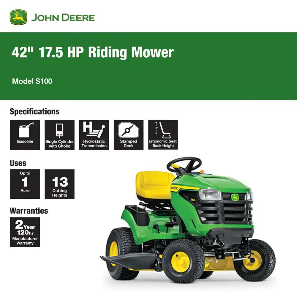 John Deere S100 42 in. 17.5 HP GAS Hydrostatic Riding Lawn Tractor - YardForce Supply